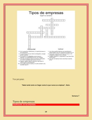 19
Frase para pensar:
“Nada tarda tanto en llegar como lo que nunca se empieza”. Alain.
Semana 7
Tipos de empresas
Clasificación de las empresas
 