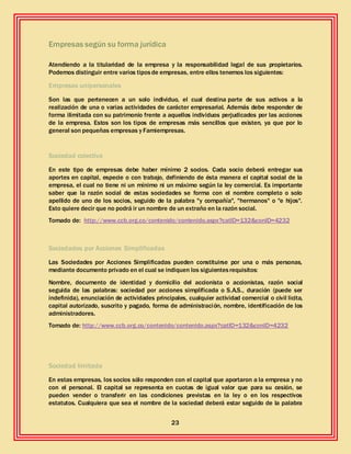 23
Empresas según su forma jurídica
Atendiendo a la titularidad de la empresa y la responsabilidad legal de sus propietarios.
Podemos distinguir entre varios tiposde empresas, entre ellos tenemos los siguientes:
Empresas unipersonales
Son las que pertenecen a un solo individuo, el cual destina parte de sus activos a la
realización de una o varias actividades de carácter empresarial. Además debe responder de
forma ilimitada con su patrimonio frente a aquellos individuos perjudicados por las acciones
de la empresa. Estos son los tipos de empresas más sencillos que existen, ya que por lo
general son pequeñas empresas y Famiempresas.
Sociedad colectiva
En este tipo de empresas debe haber mínimo 2 socios. Cada socio deberá entregar sus
aportes en capital, especie o con trabajo, definiendo de ésta manera el capital social de la
empresa, el cual no tiene ni un mínimo ni un máximo según la ley comercial. Es importante
saber que la razón social de estas sociedades se forma con el nombre completo o solo
apellido de uno de los socios, seguido de la palabra "y compañía", "hermanos" o "e hijos".
Esto quiere decir que no podrá ir un nombre de un extraño en la razón social.
Tomado de: http://www.ccb.org.co/contenido/contenido.aspx?catID=132&conID=4232
Sociedades por Acciones Simplificadas
Las Sociedades por Acciones Simplificadas pueden constituirse por una o más personas,
mediante documento privado en el cual se indiquen los siguientesrequisitos:
Nombre, documento de identidad y domicilio del accionista o accionistas, razón social
seguida de las palabras: sociedad por acciones simplificada o S.A.S., duración (puede ser
indefinida), enunciación de actividades principales, cualquier actividad comercial o civil licita,
capital autorizado, suscrito y pagado, forma de administración, nombre, identificación de los
administradores.
Tomado de: http://www.ccb.org.co/contenido/contenido.aspx?catID=132&conID=4232
Sociedad limitada
En estas empresas, los socios sólo responden con el capital que aportaron a la empresa y no
con el personal. El capital se representa en cuotas de igual valor que para su cesión, se
pueden vender o transferir en las condiciones previstas en la ley o en los respectivos
estatutos. Cualquiera que sea el nombre de la sociedad deberá estar seguido de la palabra
 