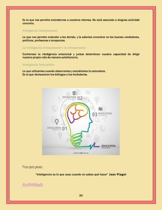 30
Es la que nos permite entendernos a nosotros mismos. No está asociada a ninguna actividad
concreta.
Inteligencia Interpersonal:
La que nos permite entender a los demás, y la solemos encontrar en los buenos vendedores,
políticos, profesores o terapeutas.
La inteligencia intrapersonal y la interpersonal:
Conforman la inteligencia emocional y juntas determinan nuestra capacidad de dirigir
nuestra propia vida de manera satisfactoria.
Inteligencia Naturalista:
La que utilizamos cuando observamos y estudiamos la naturaleza.
Es la que demuestran los biólogos o los herbolarios.
Frase para pensar:
“Inteligencia es lo que usas cuando no sabes qué hacer” Jean Piaget
 
