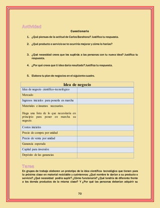 70
Cuestionario
1. ¿Qué piensas de la actitud de CarlosBarahona? Justifica tu respuesta.
2. ¿Qué producto o serviciose te ocurriría mejorar y cómo lo harías?
3. ¿Qué necesidad crees que les suplirás a las personas con tu nueva idea? Justifica tu
respuesta.
4. ¿Por qué crees que ti idea daría resultado? Justifica tu respuesta.
5. Elabora tu plan de negocios en el siguientecuadro.
En grupos de trabajo elaboren un prototipo de la idea científica- tecnológica que tienen para
la próxima clase en material reciclable y cuéntennos: ¿Qué nombre le darían a su producto o
servicio? ¿Qué necesidad podría suplir? ¿Cómo funcionaría? ¿Qué tendría de diferente frente
a los demás productos de la misma clase? Y ¿Por qué las personas deberían adquirir su
Idea de negocio
Idea de negocio científico-tecnológico
Mercado
Ingresos iniciales para ponerla en marcha
Materiales e insumos necesarios.
Haga una lista de lo que necesitaría en
principio para poner en marcha su
negocio.
Costos iniciales
Precio de compra por unidad
Precio de venta por unidad
Ganancia esperada
Capital para inversión
Depósito de las ganancias
 