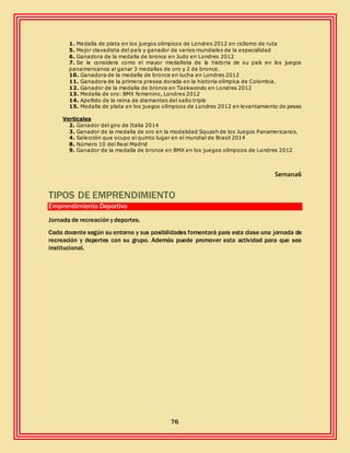 76
1. Medalla de plata en los juegos olímpicos de Londres 2012 en ciclismo de ruta
5. Mejor clavadista del país y ganador de varios mundiales de la especialidad
6. Ganadora de la medalla de bronce en Judo en Londres 2012
7. Se le considera como el mayor medallista de la historia de su país en los juegos
panamericanos al ganar 3 medallas de oro y 2 de bronce.
10. Ganadora de la medalla de bronce en lucha en Londres 2012
11. Ganadora de la primera presea dorada en la historia olímpica de Colombia.
12. Ganador de la medalla de bronce en Taekwondo en Londres 2012
13. Medalla de oro: BMX femenino, Londres 2012
14. Apellido de la reina de diamantes del salto triple
15. Medalla de plata en los juegos olímpicos de Londres 2012 en levantamiento de pesas
Verticales
2. Ganador del giro de Italia 2014
3. Ganador de la medalla de oro en la modalidad Squash de los Juegos Panamericanos.
4. Selección que ocupo el quinto lugar en el mundial de Brasil 2014
8. Número 10 del Real Madrid
9. Ganador de la medalla de bronce en BMX en los juegos olímpicos de Londres 2012
Semana6
TIPOS DE EMPRENDIMIENTO
Emprendimiento Deportivo
Jornada de recreación y deportes.
Cada docente según su entorno y sus posibilidades fomentará para esta clase una jornada de
recreación y deportes con su grupo. Además puede promover esta actividad para que sea
institucional.
 