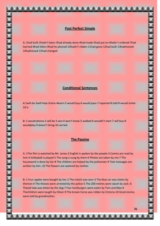 Past Perfect Simple


A: 1had built-2hadn’t been-3had already done-4had made-5had put on-6hadn`t ordered-7had
learned-8had fallen-9had he phoned-10hadn’t ridden-11had gone-12had built-13hadmoved-
14hadclosed-15had changed




                                Conditional Sentences


A:1will do-2will help-3rains-4learn-5 would buy-6 would pass-7 repaired-8 told-9 would invite-
10 is



B: 1 would phone-2 will be-3 win-4 won’t know-5 walked-6 wouldn’t start-7 will buy-8
wouldplay-9 doesn’t bring-10 carried



                                       The Passive


A: 1The film is watched by Mr. Jones-2 English is spoken by the people-3 Comics are read by
him-4 Volleyball is played-5 The song is sung by them-6 Photos are taken by me-7 The
housework is done by her-8 The children are helped by the policemen-9 Text messages are
written by him.-10 The flowers are watered by mother.



B: 1 Four apples were bought by her-2 The match was won-3 The blue car was stolen by
theman-4 The thieves were arrested by the police-5 The 200 metres were swum by Jack.-6
Theold lady was bitten by the dog-7 Five hamburgers were eaten by Tom and Max-8
Thechildren were taught by Oliver-9 The brown horse was ridden by Victoria-10 Good stories
were told by grandmother.



                                                                                              36
 