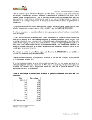 Documento recopilado por Leonardo Varón Garcia
Modificado en Julio 13 de2014
sobre la materia expida el Gobierno Nacional. El retiro de los recursos a los que se refiere este
artículo para cualquier otro propósito, distinto a los señalados en esta disposición, implica que la
persona natural pierda el beneficio y que se efectúen, por parte de la respectiva entidad financiera
las retenciones inicialmente no realizadas de acuerdo con las normas generales en materia de
retención en la fuente por enajenación de activos que correspondan a la casa o apartamento de
habitación33.
Lo dispuesto en el párrafo anterior se aplicará a casas o apartamentos de habitación cuyo valor
catastral o autoavalúo no supere quince mil (15.000) UVT (por el año 2013 $ 402.615.000).
Al valor de adquisición se le pueden adicionar las mejoras y reparaciones locativas no solicitadas
como deducción.
Es clara la norma en cifrar el beneficio en la casa o apartamento de habitación, de tal suerte que si
el garaje, no obstante tener matrícula independiente, se enajena mediante la misma escritura y por
un solo precio, con la casa o apartamento no hay duda alguna de que gozará del beneficio antes
citado. Pero si el garaje se individualiza por su matrícula y precio en la correspondiente escritura de
venta de la casa o apartamento, se está indudablemente frente a dos operaciones diferentes y el
beneficio cobijará únicamente a la casa o apartamento de habitación, debiendo utilizar la otra
sección para la venta de inmuebles
Por ejemplo la venta de una oficina cuyo costo fiscal es de $100.000.000 y es vendida en
$150.000.000 tres años después de su compra.
En este caso estamos frente a una ganancia ocasional de $50.000.000, que para el año gravable
2013 el impuesto será del 10%.
Si los ingresos obtenidos por la venta del inmueble, corresponden con una casa o apartamento de
habitación adquirido antes del 1 de enero de 1987, no se causará impuesto de renta ni ganancia
ocasional por concepto de su enajenación sobre una parte de la ganancia obtenida, en los
porcentajes que la ley ha establecido.
Tabla de Porcentaje no constitutivo de renta ni ganancia ocasional por venta de casa
habitación
Año Porcentaje
1987-2013 0%
1986 10%
1985 20%
1984 30%
1983 40%
1982 50%
1981 60%
1980 70%
1979 80%
1978 90%
1977 y anteriores 100%
33
Estatuto Tributario art. 311-1
 