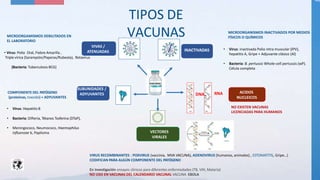 VACUNAS
VIVAS /
ATENUADAS
MICROORGAMISMOS DEBILITADOS EN
EL LABORATORIO
• Virus: Polio Oral, Fiebre Amarilla ,
Triple vírica (Sarampión/Paperas/Rubeola), Rotavirus
(Bacteria: Tuberculosis BCG)
INACTIVADAS
MICROORGANISMOS INACTIVADOS POR MEDIOS
FÍSICOS O QUÍMICOS
• Virus: inactivada Polio intra muscular (IPV),
hepatitis A, Gripe + Adjuvante clásico (Al)
• Bacteria: B. pertussis Whole-cell pertussis (wP).
Célula completa
VECTORES
VIRALES
VIRUS RECOMBINANTES : POXVIRUS (vaccinia, MVA VACUNA), ADENOVIRUS (humanos, animales) , ESTOMATITIS, Gripe…)
CODIFICAN PARA ALGÚN COMPONENTE DEL PATÓGENO
En investigación ensayos clínicos para diferentes enfermedades (TB, VIH, Malaria)
NO USO EN VACUNAS DEL CALENDARIO VACUNAL VACUNA EBOLA
SUBUNIDADES /
ADYUVANTES ACIDOS
NUCLEICOS
DNA
COMPONENTE DEL PATÓGENO
(proteínas, toxoide) + ADYUVANTES
• Virus: Hepatitis B
• Bacteria: Difteria, Tétanos Tosferina (DTaP),
• Meningococo, Neumococo, Haemophilus
influenzae b, Papiloma
/
TIPOS DE
VACUNAS
NO EXISTEN VACUNAS
LICENCIADAS PARA HUMANOS
RNA
 