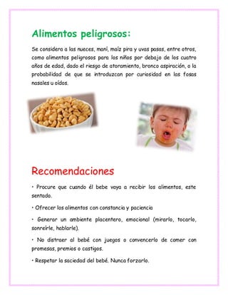 Alimentos peligrosos:
Se considera a las nueces, maní, maíz pira y uvas pasas, entre otros,
como alimentos peligrosos para los niños por debajo de los cuatro
años de edad, dado el riesgo de atoramiento, bronco aspiración, o la
probabilidad de que se introduzcan por curiosidad en las fosas
nasales u oídos.
Recomendaciones
• Procure que cuando él bebe vaya a recibir los alimentos, este
sentado.
• Ofrecer los alimentos con constancia y paciencia
• Generar un ambiente placentero, emocional (mirarlo, tocarlo,
sonreírle, hablarle).
• No distraer al bebé con juegos o convencerlo de comer con
promesas, premios o castigos.
• Respetar la saciedad del bebé. Nunca forzarlo.
 
