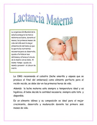 La OMS recomienda el calostro (leche amarilla y espesa que se
produce al final del embarazo) como alimento perfecto para el
recién nacido, se debe dar en las primeras horas de vida.
Además la leche materna esta siempre a temperatura ideal y es
higiénica, él bebe decide la cantidad necesaria; siempre esta lista y
disponible.
Es un alimento idóneo y su composición es ideal para el mejor
crecimiento, desarrollo y maduración durante los primero seis
meses de vida.
La organización Mundial de la
salud aconseja la lactancia
materna exclusiva, durante al
menos, los primeros meses de
vida del niño será la mejor
alimentación del bebe ya que
le aporta los nutrientes
necesarios para su desarrollo,
ayuda a fortalecer sus
defensas y afianza el vincula
de la madre con su bebe. Al
mismo tiempo ayuda a la
mamá a prevenir el cáncer de
ovario.
 