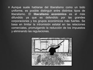 Aunque suele hablarse del liberalismo como un todo 
uniforme, es posible distinguir entre distintos tipos de 
liberalismo. El liberalismo económico es el más 
difundido ya que es defendido por las grandes 
corporaciones y los grupos económicos más fuertes. Se 
basa en limitar la intromisión estatal en las relaciones 
comerciales, promulgando la reducción de los impuestos 
y eliminando las regulaciones. 
 
