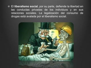 El liberalismo social, por su parte, defiende la libertad en 
las conductas privadas de los individuos y en sus 
relaciones sociales. La legalización del consumo de 
drogas está avalada por el liberalismo social. 
 