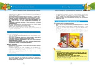 Quioscos y refrigerios escolares saludables Quioscos y refrigerios escolares saludables 
C a r t i l l a i n f o r m at i va PARA E X P ENDEDORE S D E ALIMENTOS C a r t i l l a i n f o r m at i va PARA E X P ENDEDORE S D E ALIMENTOS 
- Las superficies de preparación y exhibición de alimentos deben lavarse a diario 
con agua y detergente y desinfectarse con una solución clorada o agua hirviendo: 
antes de iniciar las labores del día y después de cada jornada de trabajo. 
- Si el quiosco atiende dos turnos, este proceso de limpieza debe efectuarse des-pués 
de cada turno. 
En relación al procedimiento para limpieza del local 
Se recomienda realizar el siguiente procedimiento: 
- Barrer el piso cada día y los mostradores especialmente al término de la atención 
final. 
- Las paredes, ventanas y puertas deben ser limpiadas semanalmente y el techo 
cada 15 días, para ello se deberá retirar el polvo impregnado utilizando franela o 
escobillones. 
- Guardar los productos de limpieza y desinfección debidamente rotulados en sus 
envases originales y almacenarse en un gabinete cerrado y alejado de los alimen-tos. 
Recuerde: 
- Al momento de seleccionar las frutas y verduras revisar que tengan colo-res 
brillantes, que su apariencia sea fresca y firme y que no tengan magu-lladuras, 
ennegrecimiento o hendiduras. 
- Utilizar aceites de origen vegetal; nunca utilizar manteca. 
- No reutilizar el aceite para freír alimentos. Es necesario descartar el acei-te 
utilizado después de cada fritura. 
- No olvidar revisar la etiqueta de los alimentos y la fecha de vencimiento. 
- Lavarse las manos con agua y jabón antes de preparar los alimentos y después de 
10 11 
ir al baño o sacar la basura. 
- Realizar las buenas prácticas de salud respiratoria: cubrirse con el antebrazo para to-ser, 
no escupir dentro del ambiente de trabajo, así como realizar el lavado de manos. 
- Evitar toser, estornudar o tocarse la nariz al manipular o preparar los alimentos. 
- Usar el cabello recogido y cubrirlo con un gorro, además de mantener las uñas 
cortas, limpias y sin barniz, y las manos libres de objetos personales (joyas, relo-jes, 
etc.). 
- En lo posible, el manipulador debe recibir el dinero con una mano y con la otra 
entregar el producto. 
- Para probar los alimentos tomar una pequeña porción con una cuchara y ponerla 
en un plato, con otro cubierto probar la porción servida. 
- Mantener limpias las instalaciones del quiosco y/o cafetín escolar. 
- Usar uniforme completo de color blanco: chaqueta, gorro y zapatos cerrados y en 
buen estado de conservación. 
En relación al almacenamiento y conservación de alimentos: 
Alimentos no perecederos: 
- Utilizar estantes o tarimas para depositar los alimentos, nunca colocarlos directa-mente 
sobre el piso. 
- Los alimentos como galletas, panes y tortas deberán protegerse de los agentes 
contaminantes, para lo cual deberán utilizarse envases con tapa. 
- Los alimentos nunca deben almacenarse en un lugar común junto a productos o 
materiales de limpieza o químicos. 
- No tocar el alimento directamente con las manos, estos deben tener envoltura y 
además emplear servilletas o pinzas para su manipulación. 
Alimentos perecederos: 
- Preferentemente comprar las frutas y verduras, diariamente para ofrecer alimentos 
frescos y en buen estado. 
- Los alimentos que se consumen crudos, como frutas y verduras, deben ser lava-dos 
con agua y desinfectados en una solución de 2 a 4 gotas de cloro en un litro 
de agua antes de ofrecerlas para la venta. 
- No guardar alimentos preparados para reutilizarlos al día siguiente. Los sobrantes 
deben descartarse. 
En relación a la higienización de equipos y utensilios 
- Las cucharas, vasos, ollas, tabla de picar, vaso de licuadora, etc. deberán ser la-vados 
a chorro de agua, utilizando para ello lavavajilla y luego ser desinfectados 
con agua caliente o solución clorada. 
 