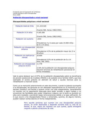 Fundación para la Superación de la Pobreza
Cartilla Educativa sobre Discapacidad
Enero 2000

Población discapacitada a nivel nacional
Discapacidades psíquicas a nivel nacional
Población total de Chile

14..210.420
(Fuente INE, Censo 1982/1992)

Población 0-14 años

4.185.280
(Fuente INE, Censo 1982/1992)

Población con autismo

1.833
(Prevalencia 4 a 5 casos por cada 10.000 niños
de 0 a 14 años)

Población con discapacidad
psíquica

453.014
(Prevalencia 4.5% de la población mayor de 15 a
80 años)

Población con deficiencia
mental

20.600
(Prevalencia 0.5% de la población de 0 a 14
años, INE 1992)

Población con discapacidad
psíquica severa

11.778
(2.6% de la población con discapacidad psíquica
requiere servicios de rehabilitación psicosocial en
forma inmediata)

Vale la pena destacar que el 87% de la población discapacitada pobre es beneficiaria
de pensión asistencial de invalidez (PASIS) o de subsidio único familiar (SUF), que trae
aparejado el acceso gratuito en atención de salud y ayudas técnicas para su
rehabilitación e inserción social.
Como ya se mencionó anteriormente en este documento, cuando la pobreza acompaña
a la discapacidad, las personas se ven afectadas especialmente en el momento en que
deciden constituir una familia o quieren iniciar una vida independiente. Generalmente
no cuentan con la capacitación adecuada para poder acceder a algún trabajo o no
encuentran las facilidades para poder integrarse a alguno, por lo tanto su duración en
ellos será inestable y percibirán bajas remuneraciones debido a la baja calificación. Es
lo que ocurre a los discapacitados físicos o sensoriales, quienes, de alguna manera,
pueden realizar ciertas labores en forma independiente.
Pero aquella personas que cuentan con una discapacidad psíquica
severa, se verán destinadas a depender durante toda su vida de su
familia, la que, según los ingresos con que cuente, podrá entregarle
mejores o peores condiciones de vida.

 