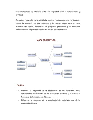 pues mencionada ley relaciona tanto esta propiedad como el de la corriente y el voltaje. 
Se sugiere desarrollar cada actividad y ejercicio disciplinadamente, teniendo en cuenta la aplicación de los conceptos y la claridad sobre ellos en cada momento del capítulo, realizando las preguntas pertinentes y las consultas adicionales que se generen a partir del estudio de éste material. 
MAPA CONCEPTUAL: 
LOGROS: 
 Identifica la propiedad de la resistividad en los materiales como característica fundamental en la conducción eléctrica y la asocia al fenómeno de la resistencia eléctrica. 
 Diferencia la propiedad de la resistividad de materiales con el de resistencia eléctrica 
POTENCIA 
RESISTENCIA 
CORRIENTE 
VOLTAJE 
LEY 
DE OHM 
MULTIMETRO 
NOMENCLATURA 
MEDICION 
RESISTIVIDAD 
RESISTENCIA 
ELECTRICA 
MIXTO 
PARALELO 
SERIE 
CIRCUITOS 
CONDUCTIVIDAD  