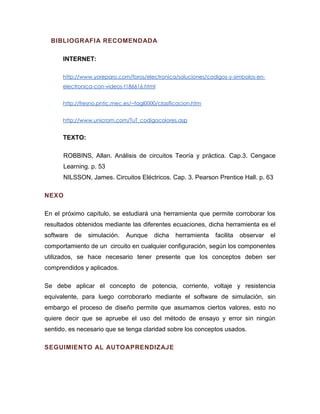 BIBLIOGRAFIA RECOMENDADA 
INTERNET: 
http://www.yoreparo.com/foros/electronica/soluciones/codigos-y-simbolos-en- electronica-con-videos-t186616.html 
http://fresno.pntic.mec.es/~fagl0000/clasificacion.htm 
http://www.unicrom.com/TuT_codigocolores.asp 
TEXTO: 
ROBBINS, Allan. Análisis de circuitos Teoría y práctica. Cap.3. Cengace Learning. p. 53 
NILSSON, James. Circuitos Eléctricos. Cap. 3. Pearson Prentice Hall. p. 63 
NEXO 
En el próximo capítulo, se estudiará una herramienta que permite corroborar los resultados obtenidos mediante las diferentes ecuaciones, dicha herramienta es el software de simulación. Aunque dicha herramienta facilita observar el comportamiento de un circuito en cualquier configuración, según los componentes utilizados, se hace necesario tener presente que los conceptos deben ser comprendidos y aplicados. 
Se debe aplicar el concepto de potencia, corriente, voltaje y resistencia equivalente, para luego corroborarlo mediante el software de simulación, sin embargo el proceso de diseño permite que asumamos ciertos valores, esto no quiere decir que se apruebe el uso del método de ensayo y error sin ningún sentido, es necesario que se tenga claridad sobre los conceptos usados. 
SEGUIMIENTO AL AUTOAPRENDIZAJE  