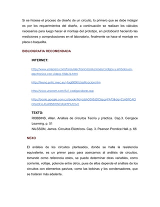 Si se hiciese el proceso de diseño de un circuito, lo primero que se debe indagar es por los requerimientos del diseño, a continuación se realizan los cálculos necesarios para luego hacer el montaje del prototipo, en protoboard haciendo las mediciones y comprobaciones en el laboratorio, finalmente se hace el montaje en placa o baquelita. 
BIBLIOGRAFIA RECOMENDADA 
INTERNET: 
http://www.yoreparo.com/foros/electronica/soluciones/codigos-y-simbolos-en- electronica-con-videos-t186616.html 
http://fresno.pntic.mec.es/~fagl0000/clasificacion.htm 
http://www.unicrom.com/TuT_codigocolores.asp 
http://books.google.com.co/books?id=LdzhG3XZd2IC&pg=PA73&dq=CLASIFCACION+DE+LAS+RESISTENCIAS#PPA72,M1 
TEXTO: 
ROBBINS, Allan. Análisis de circuitos Teoría y práctica. Cap.3. Cengace Learning. p. 51 
NILSSON, James. Circuitos Eléctricos. Cap. 3. Pearson Prentice Hall. p. 66 
NEXO 
El análisis de los circuitos planteados, donde se halla la resistencia equivalente, es un primer paso para acercarnos al análisis de circuitos, tomando como referencia estos, se puede determinar otras variables, como corriente, voltaje, potencie entre otros, pues de ellos depende el análisis de los circuitos con elementos pasivos, como las bobinas y los condensadores, que se trataran más adelante.  