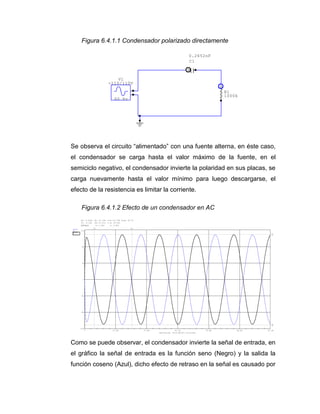 Figura 6.4.1.1 Condensador polarizado directamente 
Se observa el circuito “alimentado” con una fuente alterna, en éste caso, 
el condensador se carga hasta el valor máximo de la fuente, en el 
semiciclo negativo, el condensador invierte la polaridad en sus placas, se 
carga nuevamente hasta el valor mínimo para luego descargarse, el 
efecto de la resistencia es limitar la corriente. 
Figura 6.4.1.2 Efecto de un condensador en AC 
Como se puede observar, el condensador invierte la señal de entrada, en 
el gráfico la señal de entrada es la función seno (Negro) y la salida la 
función coseno (Azul), dicho efecto de retraso en la señal es causado por 
B 
A 
C1 
0.2652nF 
60 Hz 
V1 
-110/110V 
R1 
1000k 
A 
B 
0 13.9m 27.8m 41.7m 55.6m 69.4m 83.3m 
-12u 
-8u 
-4u 
0 
4u 
8u 
12u 
Xa: 4.416m Xb: 21.15m 
Yc: 11.02u Yd:-11.07u 
a-b:-16.74m 
c-d: 22.09u 
freq: 59.75 
Offsets X: 0.000 Y: 0.000 
Ref=Ground X=13.9m/Div Y=current 
d 
c 
a b 
A 
B 
 