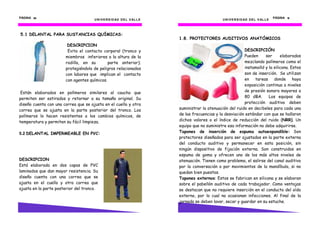 PÁGINA 52                                                                                                                                PÁGINA 15
                                      U N I V E R S I D AD D E L V AL L E                          U N I V E R S I D AD D E L V AL L E



5.1 DELANTAL PARA SUSTANCIAS QUÍMICAS:
                                                                            1.8. PROTECTORES AUDITIVOS ANATÓMICOS
                        DESCRIPCION
                        Evita el contacto corporal (tronco y                                                  DESCRIPCIÓN
                       miembros inferiores a la altura de la                                                  Pueden     ser      elaborados
                       rodilla, en su        parte anterior);                                                 mezclando polímeros como el
                       protegiéndolo de peligros relacionados                                                 instamolld y la silicona. Estos
                       con labores que implican el contacto                                                   son de inserción. Se utilizan
                       con agentes químicos.                                                                  en tareas donde haya
                                                                                                              exposición continua a niveles
 Están elaborados en polímeros similares al caucho que                                                        de presión sonora mayores a
permiten ser estirados y retornar a su tamaño original. Su                                                    80 dBA.      Los equipos de
diseño cuenta con una correa que se ajusta en el cuello y otra                                                protección auditiva deben
correa que se ajusta en la parte posterior del tronco. Los                  suministrar la atenuación del ruido en decibeles para cada una
polímeros lo hacen resistentes a los cambios químicos, de                   de las frecuencias y la desviación estándar con que se hallaron
temperatura y permiten su fácil limpieza.                                   dichos valores o el índice de reducción del ruido (NRR). Un
                                                                            equipo que no suministre esa información no debe adquirirse.
5.2 DELANTAL IMPERMEABLE EN PVC:                                            Tapones de inserción de espuma autoexpandible: Son
                                                                            protectores diseñados para ser ajustados en la parte externa
                                                                            del conducto auditivo y permanecer en esta posición, sin
                                                                            ningún dispositivo de fijación externa. Son construidos en
                                                                            espuma de goma y ofrecen uno de los más altos niveles de
DESCRIPCION                                                                 atenuación. Tienen como problema, el salirse del canal auditivo
Está elaborada en dos capas de PVC                                          por la conversación o por movimientos de la mandíbula, si no
laminados que dan mayor resistencia. Su                                     quedan bien puestos.
diseño cuenta con una correa que se                                         Tapones externos: Estos se fabrican en silicona y se elaboran
ajusta en el cuello y otra correa que                                       sobre el pabellón auditivo de cada trabajador. Como ventajas
ajusta en la parte posterior del tronco.                                    se destacan que no requiere inserción en el conducto del oído
                                                                            externo, por lo cual no ocasionan infecciones. Al final de la
                                                                            jornada se deben lavar, secar y guardar en su estuche.
 