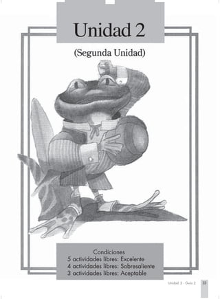 Unidad 2




                                 Condiciones
                       5 actividades libres: Excelente
                       4 actividades libres: Sobresaliente
                       3 actividades libres: Aceptable
                                                                    Unidad 3 - Guía 2
                                                                           1        1   33


Espanis3-Cart.1   33                              2/2/03, 6:27 PM
 