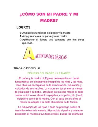 ¿CÓMO SON MI PADRE Y MI
                       MADRE?
 LOGROS:
     Analizo las funciones del padre y la madre
     Amo y respeto a mi padre y a mi madre
     Aprovecho el tiempo que comparto con mis seres
      queridos.




TRABAJO INDIVIDUAL
           FIGURAS DEL PADRE Y LA MADRE
    El padre y la madre biológicos desempeñas un papel
fundamental en el desarrollo integral de los hijos y las hijas.
  Son ellos los encargados de la alimentación, educación y
 cuidados de sus retoños. La madre en sus primeros meses
de vida lacta a su bebé. Después de los seis meses el bebé
puede recibir otros alimentos (papillas, compotas, etc.) tanto
  del padre como de la madre. Con el paso de los años el
     menor se adapta a la dieta alimenticia de la familia.
   La educación de los hijos e hijas se prolonga desde el
nacimiento hasta la muerte. Al principio el padre y la madre
presentan el mundo a sus hijos e hijas. Luego los estimulan
 