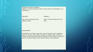 Nombre: Descubre el alimento
Objetivo: A través del juego la niña y la niña conozca los alimentos y sus
clasificación
Materiales:
Hoja con los alimentos (viene
adjunto) y lápiz
Dirigido a:
niños y niñas de edad entre 6 a 8
años
Procedimiento:
El facilitador le entrega a cada niño y niña la hoja para que lo diligencie.
Cada uno de ellos y ellas deben completar la palabra según el dibujo, al
finalizar se debe ubicar que tipo de alimento es (fruta, verdura, granos). En
este es importante hablar de los buenos hábitos de alimentación.
 