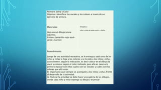 Nombre: Letra y Color
Objetivo: identificar las vocales y los colores a través de un
ejercicio de pintura.
Materiales:
Hoja con el dibujo (viene
adjunto).
Colores (amarillo-rojo-azul-
verde-marrón)
Dirigido a:
niños y niñas de edad entre 6 a 8 años
Procedimiento:
Luego de una actividad recreativa, se le entrega a cada uno de los
niños y niñas la hoja y los colores y se le pide a los niños y niñas
que coloreen, según la indicación, es decir ubicar en el dibujo la
vocal y colorear según el color indicado, para ello es necesario
primero repasar con ellos cuales son las vocales y cuáles son los
colores que allí están.
Es importante que siempre se acompañe a los niños y niñas frente
al desarrollo de la actividad.
Al finalizar la actividad se debe hacer una galería de los dibujos,
donde cada niño y niña exponga su dibujo y expresar
 