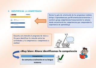 2. IDENTIFICAR LA COMPETENCIA
¡¡Muy bien!! Ahora identificamos la competencia
Escucha con atención el programa de inicio a
fin para identificar la relación entre las
actividades y la competencia o competencia a
analizar
Competencia:
Se comunica oralmente en su lengua
materna
Revisa la guía de orientación de los programas radiales
(https://aprendoencasa.pe/#/orientacion/orientation.t
eachers.group.competencies/resources) de la semana
donde encontrarás las competencias que comprenden la
experiencia de aprendizaje
 