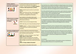 Adecúa, organiza y
desarrollael textode forma
coherente y cohesionada.
En todo momentode lacreaciónde la historiala
niñaexpresasusideasde maneralógicay
creativa…esoquiere decirque adecua,organiza
su texto en cada respuesta que va dando…
Mamá: ¿Quieresque te cuente uncuentopara
dormir?
Sami: Sí, por favor,por favor.Una de dragonesy
mariposas…o de ovejasyvacas y montañasy
tambiénque hayagallinasychocolates…
Aquí tambiénlaniñaobtieneinformación
Si es laprimeravez,el adultoacompañacon preguntaspara crear la historia.
(Obtieneinformacióndeltextooral,Infiere e interpretainformacióndel texto
oral y Adecúa,organizay desarrollael textode formacoherentey
cohesionadaeInteractúaestratégicamentecondistintosinterlocutores)
Si el niñoestá familiarizadoconestacreación,apartir del primerrelatoque
realizael adulto, luegole puedepedirque continúe conlacreaciónde la
historia,comose ve en el ejemplode laradio.
(Obtiene informacióndel textooral,Infiere e interpretainformacióndel
textooral y Adecúa, organizaydesarrollael textode formacoherente y
cohesionadae Interactúaestratégicamentecondistintosinterlocutores)
Es importante que permitamosalosniñosresponderydarle tiempopara
que elabore surespuesta.(Adecúa,organizay desarrollael textode forma
coherentey cohesionada eInteractúaestratégicamentecondistintos
interlocutores)
Durante la creacióndel cuentoesimportante darle laoportunidadal niño
de organizarsus ideaspara que respondaala secuencialógicade lahistoria.
(Adecúa,organizay desarrollaeltextode formacoherentey cohesionada)
Despuésde terminadalahistoria,permitiral niñoque lacuente utilizando
gestos,movimientos,diferentestonosde voz,imitandoalospersonajesde
la historiaconplenalibertad. (Utilizarecursosno verbalesy paraverbalesde
formaestratégica e Interactúaestratégicamentecondistintos
interlocutores)
A considerar:
Buscar un lugartranquilodonde el niñopuedaescucharsininterferencia
para que puedacontinuarcon la creacióndel cuento.
Utilizarecursos no verbales
y para verbalesde forma
estratégica.
Durante el dialogoconla mamá se percibe
diferentestonosde voz.
MAMÁ: EntoncesAnitale preguntoal Apu.
SAMI: SeñorApu¿me invitaschocolate porfavor?
MAMÁ: jajajjaSI…y el Apule contesto:Si quieres
el chocolate llevarunaadivinanzadeberás
contestar.
Interactúa estratégicamente
con distintosinterlocutores
La niñaa lolargo de la creaciónde la historia
interactúacon lamamá a través de un diálogo de
iday vueltade manerasostenida.
MAMÁ: No…noera un monstruo…eraun“Apu”
SAMI: ¿Qué es un Apu mami?
MAMÁ: Un Apuesel espíritude la montaña,
alguienaquiennose puede ver.Se cree que los
Apusprotegenalas personas,desde hace muchos
años.
SAMI: ¿Y el Apu cuidaba el chocolate?
Aquí tambiénlaniñaobtieneinformación
 