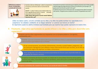 Reflexionayevalúa la
forma, el contenidoy
contextodel textooral.
Camote y Denise reflexionan sobre la creaciónde
la historiaycomentansobre el contenido del
cuento.
MAMÁ: Y ¿sabes?todala comunidadestabamuy
felizyagradecidaconAnita.Y colorín colorado,
este cuentose ha terminado.
SAMI: Mamá ¡Me gustó el cuento mamá! Mañana
hacemos otro, ¿ya?
Al concluirel cuentoesnecesarioque el adulto converse conel niñoypueda
plantearalgunaspreguntasque lollevenalareflexión,porejemplo:¿te
gustocomo terminoel cuento?¿Porqué?
El adultoconversaconel niñoacerca de susimpresionessobre lacreación
del cuento.¿Té gustocomo creamosel cuento?¿Te gustaría crear otro?
¿Cómo nos damos cuenta, con esta actividad que las niñas y los niños han podido movilizar las capacidades de la
competencia “se comunica oralmente en su lengua materna” al construir una historia en familia?
Es importante cuando los adultos brindamos oportunidades para que nuestros hijos puedan expresarse de manera libre.
4. Finalmente, ¿Qué otras oportunidades se pueden ofrecer a los niños y niñas para desarrollar esta
competencia?
Propiciar que los niños argumenten sus respuestas con sus propiaspalabras. (con gestos,
movimientos, etc.)
Pedirles que nos comenten acercade lo que les interesa o llama su atención de las historias
que escucha o que elabora con su familia
En las conversaciones, escucharlosatentamente, mirarlos cuando hablan, preguntar y de
ser necesario repreguntar para obtener mayor información delo que nos dice, asi el niño se
sentira más seguro de expresar sus ideas y emociones.
Hacer preguntas a los niños de manera espontánea sin forzar a que responda todas las
preguntas demanera correcta.
Propiciar momentos de lectura puede ser relatos de la comunidad, historias de los padres
cuando eran niños, historietas, creencias familiares, entreotros para comenten libremente
acercade ellos.
Propiciar momentos de creacion de historias con ayuda de toda la familia.
 