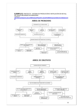 - - 18
EJEMPLO 2: PROYECTO : SISTEMA DE PRODUCCIÓN E INSTALACIÓN DE 600 Has,
DE CACAO MEJORADO EN AMAZONAS
Tomado de:
httttpp::////wwwwww..ppoorrttaallaaggrraarriioo..ggoobb..ppee::88008800//wweebbooppaa//PPOOggppaa//CCDD__ppllaanneess//PPLLAANNEESS//AAmmaazzoonnaass%%2200aarrcchhiivvoo%%2200aaddjjuunnttoo..hhtt
mm
ARBOL DE PROBLEMAS
ARBOL DE OBJETIVOS
 