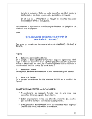 - - 29
durante la ejecución. Cada uno debe especificar cantidad, calidad y
oportunidad de las obras, servicios, etc., que deberán entregarse.
En el nivel de ACTIVIDADES se incluyen los insumos necesarios
expresados en forma de presupuesto.
Para entender la aplicación de la metodología utilicemos un ejemplo de un
objetivo a nivel de propósito:
Meta:
“Los pequeños agricultores mejoran el
rendimiento de arroz”
Esta meta no cumple con las características de CANTIDAD, CALIDAD Y
TIEMPO.
PASOS
1. Establecer las metas Cuantitativas
En el ejemplo, se debe especificar el número de pequeños agricultores: 1000,
luego es necesario especificar lo que significa “pequeños”: aquellos que tienen
menos de 2 hectáreas. Por último, es necesario especificar cuánto mejorarán el
rendimiento de arroz: en un 40% del año 1 al año 2.
2. Especificar Calidad
En el ejemplo, se define la calidad como el peso promedio del grano de arroz.
3. Especificar Tiempo
En el ejemplo, entre octubre de 2004 y octubre de 2006, en el municipio del
Espinal
CONSTRUCCIÓN DE METAS– ALGUNAS NOTAS:
Frecuentemente es necesario formular más de una meta para
especificar diferentes aspectos de un objetivo.
Deben proporcionarse metas para diferentes momentos (ej. anuales)
para permitir el monitoreo periódico de los componentes.
Si hay problemas de información deben buscarse otras metas o agregar
una actividad nueva para obtener la información.
 