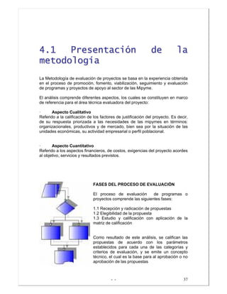 - - 37
44..11 PPrreesseennttaacciióónn ddee llaa
mmeettooddoollooggííaa
La Metodología de evaluación de proyectos se basa en la experiencia obtenida
en el proceso de promoción, fomento, viabilización, seguimiento y evaluación
de programas y proyectos de apoyo al sector de las Mipyme.
El análisis comprende diferentes aspectos, los cuales se constituyen en marco
de referencia para el área técnica evaluadora del proyecto:
· Aspecto Cualitativo
Referido a la calificación de los factores de justificación del proyecto. Es decir,
de su respuesta priorizada a las necesidades de las mipymes en términos:
organizacionales, productivos y de mercado, bien sea por la situación de las
unidades económicas, su actividad empresarial o perfil poblacional.
· Aspecto Cuantitativo
Referido a los aspectos financieros, de costos, exigencias del proyecto acordes
al objetivo, servicios y resultados previstos.
FASES DEL PROCESO DE EVALUACIÓN
El proceso de evaluación de programas o
proyectos comprende las siguientes fases:
1.1 Recepción y radicación de propuestas
1.2 Elegibilidad de la propuesta
1.3 Estudio y calificación con aplicación de la
matriz de calificación
Como resultado de este análisis, se califican las
propuestas de acuerdo con los parámetros
establecidos para cada una de las categorías y
criterios de evaluación, y se emite un concepto
técnico, el cual es la base para al aprobación o no
aprobación de las propuestas
 