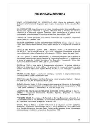 - - 65
BIBLIOGRAFIA SUGERIDA
BANCO INTERAMERICANO DE DESARROLLO –BID, Oficna de evaluación (EVO),
Evaluación: Una herramienta de gestión para mejorar el desempeño de los proyectos, New
York.
CALERO MARTÍNEZ, Jorge. Documento de trabajo: Indicadores de los Sistemas de Educación
Superior con especial referencia a Argentina. UNESCO, IIPE y Ministerio de Cultura y
Educación de la República Argentina, Seminario Taller: Tendencias en la gestión de las
Universidades contemporáneas – Evolución y perspectivas. Buenos Aires, 1998
CASTRILLÓN Laverde Alexandra, Los criterios transversales de un proyecto, corporación
PAISAJOVEN-GTZ, Medellín 1999.
COMISIÓN ECONÓMICA DE LAS COMUNIDADES EUROPEAS, Enfoque integrado y Marco
Lógico, Serie Métodos e instrumentos para la gestión del ciclo de un proyecto. No. 1 febrero de
1993
ENFOQUE DEL MARCO LÓGICO - EML -: MANUAL PARA LA PLANIFICACIÓN DE
PROYECTOS ORIENTADA MEDIANTE OBJETIVOS. Universidad Complutense de Madrid,
Instituto Universitario para el Desarrollo y la Cooperación - CEDEAL. Madrid: Managua, 1993.
GALLEGO, Ignacio. El enfoque del monitoreo y la evaluación participativa (MEP): batería de
herramientas metodológicas. Revista Española de Desarrollo y Cooperación. La evaluación de
la ayuda al desarrollo. Instituto Universitario de Desarrollo y Cooperación, Universidad
Complutense de Madrid. Madrid: IUDC-UCM. n.4, verano 1999.
GARCÍA de FANELLI, Ana María. El financiamiento universitario y la política pública en
Argentina: la asignación de fondos públicos y la generación de recursos privados en los años
noventa. Revista de la Educación Superior. México: ANUIES, v.XXXI, n.123, julio – septiembre
2002.
GAVIRIA Alexandra Zapata . La planeación estratégica y operativa en los proyectos sociales,
corporación PAISAJOVEN-GTZ Medellín 1999
GINESTAR, Ángel. Pautas para identificar, formular y evaluar proyectos. Capítulo I - Capítulo
VIII. 2 ed. OEA – CICAP. Buenos Aires: Macchi, 2001.
GUZMÁN, Marcela. Sesión XI, Chile: evaluación de programas e indicadores de desempeño,
transparencia y mejoramiento de los procedimientos para la discusión presupuestaria. ILPES,
CEPAL-Series Seminarios y Conferencias. n. 8, p.291-337, mayo 2001.
MINISTERIO DE RELACIONES EXTERIORES, COMERCIO INTERNACIONAL Y CULTO –
MRECIC -. Cooperación Internacional, República Argentina. Disponible en Internet.
http://www.mrecic.gov.ar/
PROYECTO BIBLOS. Presentado por la Facultad de Ciencias Económicas y Sociales de la
Universidad Nacional de Mar del Plata a la convocatoria del Programa de Ayuda a Proyectos
de Cooperación Internacional al Desarrollo, diciembre 2002.
SANYAL, Bikas C. Módulo I: Gestión Institucional de la educación superior: problemas,
tendencias y experiencias internacionales. UNESCO, IIPE y Ministerio de Cultura y Educación
de la República Argentina, Seminario Taller: Tendencias en la gestión de las Universidades
contemporáneas – Evolución y perspectivas. Buenos Aires, 1998.
 