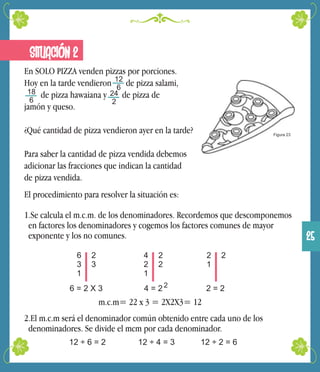 En SOLO PIZZA venden pizzas por porciones.
Hoy en la tarde vendieron de pizza salami,
de pizza hawaiana y de pizza de
jamón y queso.
¿Qué cantidad de pizza vendieron ayer en la tarde?
Para saber la cantidad de pizza vendida debemos
adicionar las fracciones que indican la cantidad
de pizza vendida.
Figura 23
12
6
18
6
24
2
El procedimiento para resolver la situación es:
1.Se calcula el m.c.m. de los denominadores. Recordemos que descomponemos
en factores los denominadores y cogemos los factores comunes de mayor
exponente y los no comunes.
6
3
1
2
3
6 = 2 X 3
4
2
1
2
2
4 = 2 2
2
1
2
2 = 2
m.c.m= 22 x 3 = 2X2X3= 12
2.El m.c.m será el denominador común obtenido entre cada uno de los
denominadores. Se divide el mcm por cada denominador.
12 ÷ 6 = 2 12 ÷ 4 = 3 12 ÷ 2 = 6
2525
SITUACIÓN 2
 