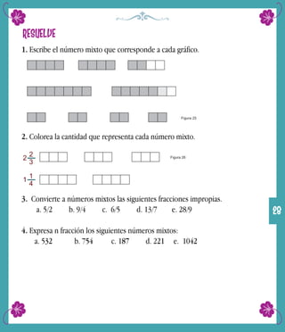 RESUELVE
1. Escribe el número mixto que corresponde a cada gráfico.
Figura 25
2. Colorea la cantidad que representa cada número mixto.
2
2
3
1
1
4
Figura 26
3. Convierte a números mixtos las siguientes fracciones impropias.
a. 5/2 b. 9/4 c. 6/5 d. 13/7 e. 28/9
4. Expresa n fracción los siguientes números mixtos:
a. 5 b. 7 c. 1 d. 2 e. 1032 54 87 21 42
28
 