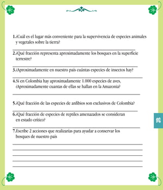 1.¿Cuál es el lugar más conveniente para la supervivencia de especies animales
y vegetales sobre la tierra?
___________________________________________________
2.¿Qué fracción representa aproximadamente los bosques en la superficie
terrestre?
____________________________________________________
3.¿Aproximadamente en nuestro país cuántas especies de insectos hay?
______________________________________________________
4.Si en Colombia hay aproximadamente 1.000 especies de aves,
¿Aproximadamente cuantas de ellas se hallan en la Amazonia?
_____________________________________________________
5.¿Qué fracción de las especies de anfibios son exclusivos de Colombia?
____________________________________________________
6.¿Qué fracción de especies de reptiles amenazados se consideran
en estado crítico?
_____________________________________________________
7.Escribe 2 acciones que realizarías para ayudar a conservar los
bosques de nuestro país
______________________________________________________
______________________________________________________
______________________________________________________
______________________________________________________
______________________________________________________
36
 