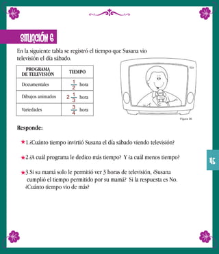 En la siguiente tabla se registró el tiempo que Susana vio
televisión el día sábado.
SITUACIÓN 6
Figura 36
Responde:
1.¿Cuánto tiempo invirtió Susana el día sábado viendo televisión?
2.¿A cuál programa le dedico más tiempo? Y ¿a cuál menos tiempo?
3.Si su mamá solo le permitió ver 3 horas de televisión, ¿Susana
cumplió el tiempo permitido por su mamá? Si la respuesta es No.
¿Cuánto tiempo vio de más?
PROGRAMA
DE TELEVISIÓN
1
2
TIEMPO
Documentales
Dibujos animados
Variedades
hora
1
3
2 hora
3
4
hora
45
 