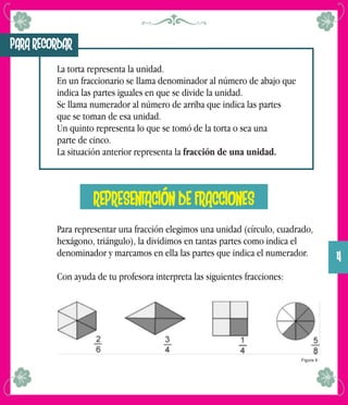 La torta representa la unidad.
En un fraccionario se llama denominador al número de abajo que
indica las partes iguales en que se divide la unidad.
Se llama numerador al número de arriba que indica las partes
que se toman de esa unidad.
Un quinto representa lo que se tomó de la torta o sea una
parte de cinco.
La situación anterior representa la fracción de una unidad.
PARA RECORDAR
REPRESENTACIÓN DE FRACCIONES
Para representar una fracción elegimos una unidad (círculo, cuadrado,
hexágono, triángulo), la dividimos en tantas partes como indica el
denominador y marcamos en ella las partes que indica el numerador.
Con ayuda de tu profesora interpreta las siguientes fracciones:
Figura 4
4
 