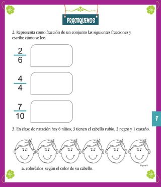 2. Representa como fracción de un conjunto las siguientes fracciones y
escribe cómo se lee.
Figura 8
3. En clase de natación hay 6 niños; 3 tienen el cabello rubio, 2 negro y 1 castaño.
2
6
4
4
7
10
PRACTIQUEMOS
a. coloréalos según el color de su cabello.
7
 