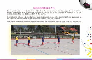 33
                                    Ejercicio metodológico # 14:
Sobre una trayectoria recta se dispondrán cinco “guías” o compañeros de juego. El segundo debe
estar a una distancia de 2,50 m del primero. El tercero a 2 m del segundo. El cuarto a 1,5 m del
tercero. El quinto a una distancia de 1 m del cuarto.
El practicante situado a 2 m del primer guía, se desplazará por entre sus compañeros, quienes a su
vez hablarán a medida que el practicante se acerca a cada uno de ellos.
Este ejercicio debe incluir por lo menos dos estilos de conducción, uno de ellos debe ser hacia atrás.
 