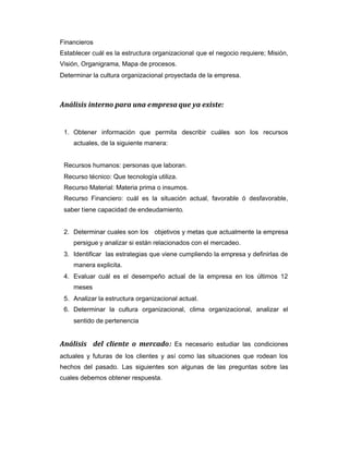 Financieros
Establecer cuál es la estructura organizacional que el negocio requiere; Misión,
Visión, Organigrama, Mapa de procesos.
Determinar la cultura organizacional proyectada de la empresa.
Análisis interno para una empresa que ya existe:
1. Obtener información que permita describir cuáles son los recursos
actuales, de la siguiente manera:
Recursos humanos: personas que laboran.
Recurso técnico: Que tecnología utiliza.
Recurso Material: Materia prima o insumos.
Recurso Financiero: cuál es la situación actual, favorable ó desfavorable,
saber tiene capacidad de endeudamiento.
2. Determinar cuales son los objetivos y metas que actualmente la empresa
persigue y analizar si están relacionados con el mercadeo.
3. Identificar las estrategias que viene cumpliendo la empresa y definirlas de
manera explicita.
4. Evaluar cuál es el desempeño actual de la empresa en los últimos 12
meses
5. Analizar la estructura organizacional actual.
6. Determinar la cultura organizacional, clima organizacional, analizar el
sentido de pertenencia
Análisis del cliente o mercado: Es necesario estudiar las condiciones
actuales y futuras de los clientes y así como las situaciones que rodean los
hechos del pasado. Las siguientes son algunas de las preguntas sobre las
cuales debemos obtener respuesta.
 