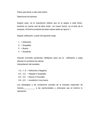 Pasos para llevar a cabo esta matriz:
Seleccionar los factores.
Asignar peso: es la importancia relativa que se le asigna a cada factor,
teniendo en cuenta cual de ellos incide con mayor fuerza en el éxito de la
empresa. Al final la sumatoria de estos valores debe ser igual a 1
Asignar calificación: a partir del siguiente rango.
1. = Deficiente.
2. = Aceptable.
3. = Buena.
4. = Excelente
Calcular promedio ponderado: Multiplicar peso por la calificación y luego
efectuar la sumatoria de valores.
Interpretación del resultado.
1,0 – 1, 9. = Deficiente ó Negativa.
2,0 - 2,5. = Regular ó Aceptable.
2,6 – 3,5. = Buena ó Favorable.
3,6 – 4,0. = excelente ó muy buena
Las estrategias y las condiciones actuales de la empresa responden de
manera___________ a las oportunidades y amenazas que el entorno lo
representa.
 