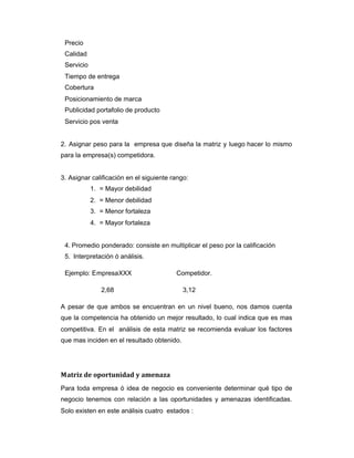 Precio
Calidad
Servicio
Tiempo de entrega
Cobertura
Posicionamiento de marca
Publicidad portafolio de producto
Servicio pos venta
2. Asignar peso para la empresa que diseña la matriz y luego hacer lo mismo
para la empresa(s) competidora.
3. Asignar calificación en el siguiente rango:
1. = Mayor debilidad
2. = Menor debilidad
3. = Menor fortaleza
4. = Mayor fortaleza
4. Promedio ponderado: consiste en multiplicar el peso por la calificación
5. Interpretación ó análisis.
Ejemplo: EmpresaXXX Competidor.
2,68 3,12
A pesar de que ambos se encuentran en un nivel bueno, nos damos cuenta
que la competencia ha obtenido un mejor resultado, lo cual indica que es mas
competitiva. En el análisis de esta matriz se recomienda evaluar los factores
que mas inciden en el resultado obtenido.
Matriz de oportunidad y amenaza
Para toda empresa ó idea de negocio es conveniente determinar qué tipo de
negocio tenemos con relación a las oportunidades y amenazas identificadas.
Solo existen en este análisis cuatro estados :
 