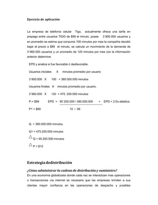 Ejercicio de aplicación
La empresa de telefonía celular Tigo, actualmente ofrece una tarifa en
prepago entre usuarios TIGO de $99 el minuto, posee 3`800.000 usuarios y
en promedio se estima que consume 100 minutos por mes la compañía decidió
bajar el precio a $89 el minuto, se calcula un movimiento de la demanda de
3`960.000 usuarios y un promedio de 120 minutos por mes con la información
anterior determine:
EPD y analice si fue favorable ó desfavorable.
Usuarios iniciales X minutos promedio por usuario
3´800.000 X 100 = 380.000.000 minutos
Usuarios finales X minutos promedio por usuario.
3`960.000 X 120 = 475. 200.000 minutos
P.= $99 EPD = 95`200.000 / 380.000.000 = EPD = 2 Es elástica
P1 = $89 10 / 99
Q. = 380.000.000 minutos.
Q1 = 475.200.000 minutos
Q = 95.200.000 minutos
P = $10
Estrategiadedistribución
¿Cómo administrar la cadena de distribución y suministro?
En una economía globalizada donde cada vez se interactúan mas operaciones
o transacciones vía internet es necesario que las empresas brinden a sus
clientes mayor confianza en las operaciones de despacho y posibles
 