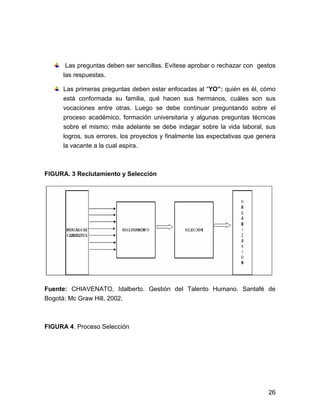 Las preguntas deben ser sencillas. Evítese aprobar o rechazar con gestos
     las respuestas.

     Las primeras preguntas deben estar enfocadas al “YO”: quién es él, cómo
     está conformada su familia, qué hacen sus hermanos, cuáles son sus
     vocaciones entre otras. Luego se debe continuar preguntando sobre el
     proceso académico, formación universitaria y algunas preguntas técnicas
     sobre el mismo; más adelante se debe indagar sobre la vida laboral, sus
     logros, sus errores, los proyectos y finalmente las expectativas que genera
     la vacante a la cual aspira.



FIGURA. 3 Reclutamiento y Selección




Fuente: CHIAVENATO, Idalberto. Gestión del Talento Humano. Santafé de
Bogotá: Mc Graw Hill, 2002.



FIGURA 4. Proceso Selección




                                                                             26
 