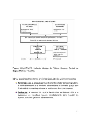 Fuente: CHIAVENATO, Idalberto. Gestión del Talento Humano. Santafé de
Bogotá: Mc Graw Hill, 2002.



NOTA: Es aconsejable evitar las preguntas vagas, abiertas y comprometedoras

      Terminación de la entrevista: Cuando el entrevistador considere prudente
      ir dando terminación a la actividad, debe indicarle al candidato que ya esté
      finalizando la entrevista y así darle la oportunidad de contrapreguntar.

      Evaluación: al momento de culminar la entrevista se debe proceder a la
      evaluación, es importante hacerlo inmediatamente para recordar los
      eventos puntuales y básicos de la entrevista.




                                                                               27
 