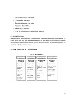 Características del entrenado.
       Complejidad del cargo.
       Características del instructor.
       Recursos disponibles.
       Metodología utilizada.
       Nivel de compromiso y apoyo de la jefatura.


NOTA ACLARATORIA:
El entrenamiento, la formación y la capacitación son procesos de aprendizaje organizacional, los
cuales deben estar muy bien delimitados para lograr su articulación con la organización. Existen
casos en los cuales las empresas en su ejercicio diario los ejecutan de forma indiscriminada, sin
considerar su fundamentación teórica.


FIGURA 6. Proceso de Entrenamiento




                                                                                              43
 