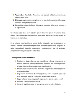 Accionistas: Resultados financieros del capital, utilidades, inversiones,
       retornos entre otros.
       Clientes y proveedores: cumplimiento en las relaciones comerciales, pago
       oportuno, entrega de productos.
       Comunidad: desarrollo físico, lúdico y de formación del entorno cercano a
       la organización.


El balance social tiene como objetivo principal resumir en un documento claro,
ameno, bien diagramado las diferentes actividades realizadas con los grupos de
interés en un año lectivo.


En el balance social se informa acerca de las actividades que se ejecutaron en
cuanto a empleo, sistema de compensación, relaciones parafiscales, programa de
salud ocupacional, rotación, ausentismo, negociaciones con el sindicato,
programas lúdicos y de deportes entre otros.



3.2.1 Objetivos del Balance Social

          Realizar un diagnóstico de las necesidades más apremiantes de su
          entorno inmediato (entiéndase entorno inmediato, los vecinos próximos
          al lugar físico donde se encuentra la organización).
          Planear, ejecutar y evaluar los diferentes programas que se dan para los
          grupos de interés.
          Organizar la información de forma oportuna y veraz para darla a conocer
          a los diferentes públicos a los que la organización se debe.
          Lograr articular la estrategia de la organización con la gestión social
          Construir y desarrollar tejido social.
          Construir la política social de la empresa como un acto voluntario.




                                                                                    56
 