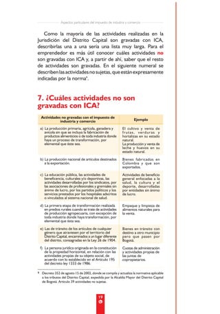 Aspectos particulares del impuesto de industria y comercio


   Como la mayoría de las actividades realizadas en la
Jurisdición del Distrito Capital son gravadas con ICA,
describirlas una a una sería una lista muy larga. Para el
emprendedor es más útil conocer cuáles actividades no
son gravadas con ICA y, a partir de ahí, saber que el resto
de actividades son gravadas. En el siguiente numeral se
describen las actividades no sujetas, que están expresamente
indicadas por la norma9.


7. ¿Cuáles actividades no son
gravadas con ICA?
  Actividades no gravadas con el impuesto de
             industria y comercio                                    Ejemplo

 a) La producción primaria, agrícola, ganadera y             El cultivo y venta de
    avícola sin que se incluya la fabricación de             frutas, verduras y
    productos alimenticios o de toda industria donde         hortalizas en su estado
    haya un proceso de transformación, por                   natural.
    elemental que éste sea.                                  La producción y venta de
                                                             leche y huevos en su
                                                             estado natural.
 b) La producción nacional de artículos destinados           Bienes fabricados en
    a la exportación.                                        Colombia y que son
                                                             exportados.
 c) La educación pública, las actividades de                 Actividades de beneficio
    beneficencia, culturales y/o deportivas, las             general enfocadas a la
    actividades desarrolladas por los sindicatos, por        salud, la cultura y el
    las asociaciones de profesionales y gremiales sin        deporte, desarrolladas
    ánimo de lucro, por los partidos políticos y los         por entidades sin ánimo
    servicios prestados por los hospitales adscritos         de lucro.
    o vinculados al sistema nacional de salud.

 d) La primera etapa de transformación realizada             Empaque y limpieza de
    en predios rurales cuando se trate de actividades        alimentos naturales para
    de producción agropecuaria, con excepción de             la venta.
    toda industria donde haya transformación, por
    elemental que ésta sea.
 e) Las de tránsito de los artículos de cualquier            Bienes en tránsito con
    género que atraviesen por el territorio del              destino a otro municipio
    Distrito Capital, encaminados a un lugar diferente       pero que pasen por
    del distrito, consagradas en la Ley 26 de 1904.          Bogotá.
 f) La persona jurídica originada en la constitución         Cuotas de administración
    de la propiedad horizontal, en relación con las          y actividades propias de
    actividades propias de su objeto social, de              las juntas de
    acuerdo con lo establecido en el Artículo 195            copropietarios.
    del decreto ley 1333 de 1986.

9 Decreto 352 de agosto 15 de 2002, donde se compila y actualiza la normativa aplicable
   a los tributos del Distrito Capital, expedida por la Alcaldía Mayor del Distrito Capital
   de Bogotá. Artículo 39 actividades no sujetas.



                                           19
 