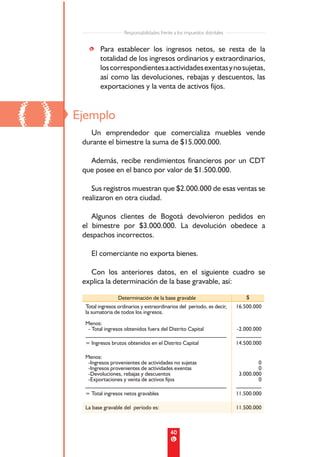 Responsabilidades frente a los impuestos distritales


        • Para establecer los ingresos netos, se resta de la
          totalidad de los ingresos ordinarios y extraordinarios,
          los correspondientes a actividades exentas y no sujetas,
          así como las devoluciones, rebajas y descuentos, las
          exportaciones y la venta de activos fijos.



()   Ejemplo
        Un emprendedor que comercializa muebles vende
      durante el bimestre la suma de $15.000.000.

        Además, recibe rendimientos financieros por un CDT
      que posee en el banco por valor de $1.500.000.

         Sus registros muestran que $2.000.000 de esas ventas se
      realizaron en otra ciudad.

         Algunos clientes de Bogotá devolvieron pedidos en
      el bimestre por $3.000.000. La devolución obedece a
      despachos incorrectos.

         El comerciante no exporta bienes.

        Con los anteriores datos, en el siguiente cuadro se
      explica la determinación de la base gravable, así:

                      Determinación de la base gravable                             $
       Total ingresos ordinarios y extraordinarios del periodo, es decir,       16.500.000
       la sumatoria de todos los ingresos.
       Menos:
        - Total ingresos obtenidos fuera del Distrito Capital                   -2.000.000
       ____________________________________________________                     _________
       = Ingresos brutos obtenidos en el Distrito Capital                       14.500.000

       Menos:
        -Ingresos provenientes de actividades no sujetas                                 0
        -Ingresos provenientes de actividades exentas                                    0
        -Devoluciones, rebajas y descuentos                                      3.000.000
        -Exportaciones y venta de activos fijos                                          0
       ____________________________________________________                     _________
       = Total ingresos netos gravables                                         11.500.000

       La base gravable del período es:                                         11.500.000



                                                 40
 