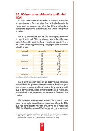 Aspectos particulares del impuesto de industria y comercio


20. ¿Cómo se establece la tarifa del
ICA?
   La tarifa se establece, de acuerdo a la actividad que realice
el contribuyente. Esto es, identificando la clasificación del
responsable de acuerdo con el código CIIU y aplicando el
porcentaje asignado a esa actividad. Las tarifas se expresan
en miles.

   En la siguiente tabla, que es una matriz para entender
la organización del CIIU, se observa cómo las diferentes
actividades están organizadas por sectores económicos a
los cuales se les asigna un código de grupo, para facilitar su
identificación.
             Actividad                               Agrupación                Tarifa por mil
                                                           101                    4,14
             Industrial                                    102                    6,9
                                                           103                   11,04
                                                           104                    8
                                                           201                    4,14
            Comercial                                      202                    6,9
                                                           203                   13,8
                                                           204                   11,04
                                                           301                    4,14
              Servicios                                    302                    6,9
                                                           303                   13,8
                                                           304                    9,66
                                                           305                    7
             Financiera                                    401                   11,04
Fuente: Resolución 0219 de Febrero 25/2004 Secretaría de Hacienda Distrital.


   En la tabla anterior, también se observa que para cada
actividad existen grupos con tarifas diversas. Entonces, para
que el emprendedorse ubique dentro del grupo y la tarifa
que le corresponde, debe primero identificar si realiza una
actividad industrial, comercial, de servicios o financiera que
realiza.

   En cuanto el emprendedor conozca la actividad, debe
hacer la consulta específica en listado completo del CIIU
que rige para Bogotá y que se encuentra en la Resolución
0219 del 25 de febrero de 200425, expedida por la Secretaría

25 Resolución por la cual se establece la clasificación de actividades económicas para el
   ICA en Bogotá D.C., tomando como referente la clasificación industrial internacional
   uniforme CIIU, (revisión 3ª.C.) adaptada para Colombia por el DANE.



                                                            43
 
