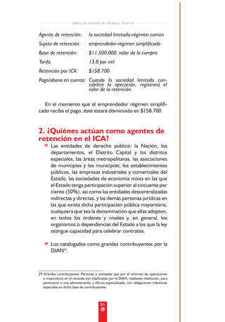 Sistema de retención de industria y comercio


Agente de retención:              la sociedad limitada-régimen común
Sujeto de retención:              emprendedor-régimen simplificado
Base de retención:                $11.500.000, valor de la compra
Tarifa.                           13,8 por mil
Retención por ICA:                $158.700
Pago/abono en cuenta: Cuando la sociedad limitada con-
                      tabilice la operación, registrará el
                      valor de la retención.

   En el momento que el emprendedor régimen simplifi-
cado reciba el pago, éste estará disminuido en $158.700.


2. ¿Quiénes actúan como agentes de
retención en el ICA?
    • Las entidades de derecho público: la Nación, los
      departamentos, el Distrito Capital y los distritos
      especiales, las áreas metropolitanas, las asociaciones
      de municipios y los municipios; los establecimientos
      públicos, las empresas industriales y comerciales del
      Estado, las sociedades de economía mixta en las que
      el Estado tenga participación superior al cincuenta por
      ciento (50%), así como las entidades descentralizadas
      indirectas y directas, y las demás personas jurídicas en
      las que exista dicha participación pública mayoritaria,
      cualquiera que sea la denominación que ellas adopten,
      en todos los órdenes y niveles y, en general, los
      organismos o dependencias del Estado a los que la ley
      otorgue capacidad para celebrar contratos.

    • Los catalogados como grandes contribuyentes por la
      DIAN29.



29 Grandes contribuyentes: Personas o entidades que por el volumen de operaciones
   o importancia en el recaudo son clasificadas por la DIAN, mediante resolución, para
   pertenecer a una administración u oficina especializada, con obligaciones tributarias
   especiales en dicha clase de contribuyentes.



                                          51
 