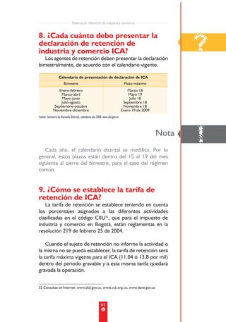 Sistema de retención de industria y comercio


8. ¿Cada cuánto debo presentar la
declaración de retención de
industria y comercio ICA?
   Los agentes de retención deben presentar la declaración
                                                                                                          ?
bimestralmente, de acuerdo con el calendario vigente.

                   Calendario de presentación de declaración de ICA
                        Bimestre                                                 Plazo máximo
                Enero-febrero                                                      Marzo 18
                  Marzo-abril                                                       Mayo 19
                  Mayo-junio                                                        Julio 18
                  Julio-agosto                                                   Septiembre 18
              Septiembre-octubre                                                 Noviembre 18
             Noviembre-diciembre                                                Enero 19 de 2009
Fuente: Secretaría de Hacienda Distrital, calendario año 2008. www.shd.gov.co




   Cada año, el calendario distrital se modifica. Por lo
                                                                                                   Nota
                                                                                                          !
general, estos plazos están dentro del 15 al 19 del mes
siguiente al cierre del bimestre, para el caso del régimen
común.


9. ¿Cómo se establece la tarifa de
retención de ICA?
   La tarifa de retención se establece teniendo en cuenta
los porcentajes asignados a las diferentes actividades
clasificadas en el código CIIU32, que para el impuesto de
industria y comercio en Bogotá, están reglamentas en la
resolución 219 de febrero 25 de 2004.

    Cuando el sujeto de retención no informe la actividad o
la misma no se pueda establecer, la tarifa de retención será
la tarifa máxima vigente para el ICA (11,04 ó 13,8 por mil)
dentro del periodo gravable y a esta misma tarifa quedará
gravada la operación.


32 Consultas en Internet: www.shd.gov.co, www.ccb.org.co, www.dane.gov.co



                                                            61
 